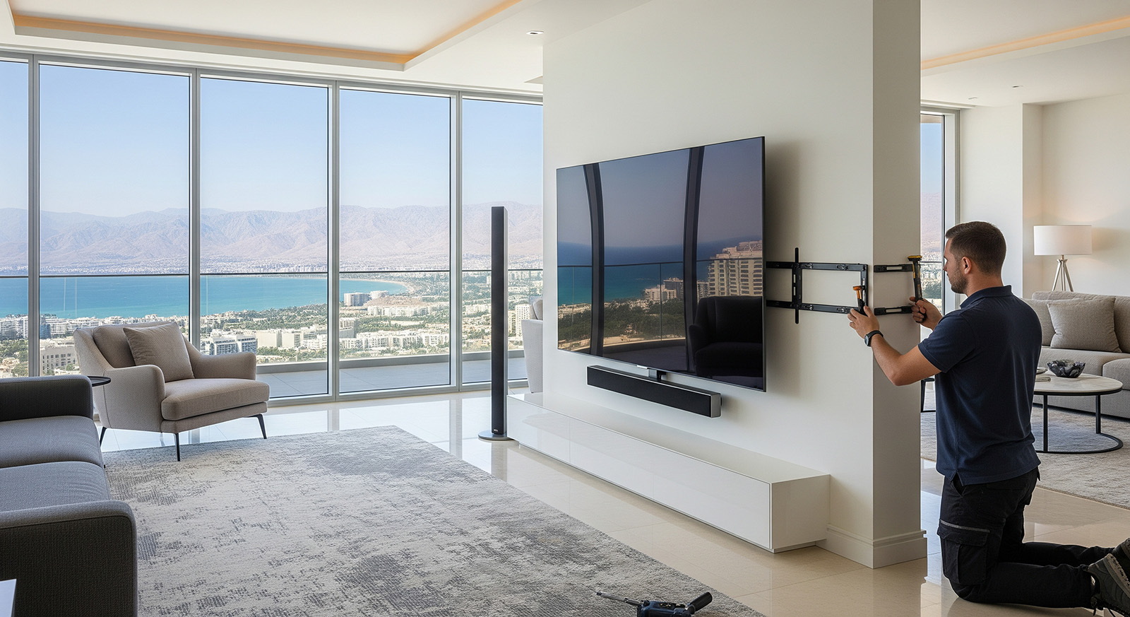 הנדימן באילת מתקין טלוויזיה, מדף ווילון באותו ביקור בבית אחד