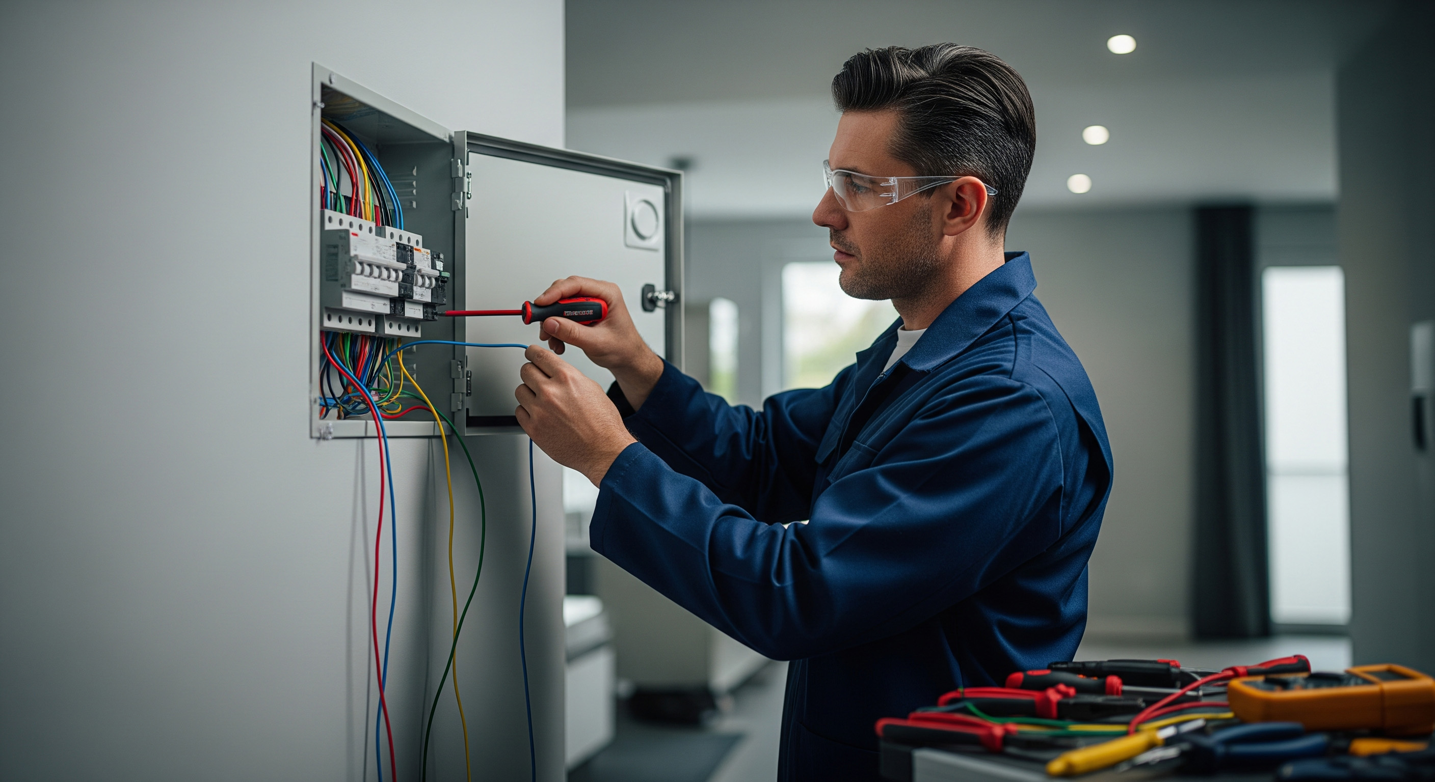 חשמלאי מוסמך באילת בודק לוח חשמל בזמן שמתקין מנוסה מחבר גוף תאורה